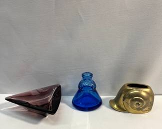 Purple Glass Ash Tray, Wheaton, N.5. Blue Glass Mini Vase, Snail Shell Pencil Sharpener