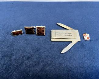 Stainless Steel Pocket Knife/money Clip, Cufflinks And Tie Clip Set & WWII MA Civil Defense Service Pendant