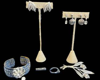 Alice Screw-On Earrings, Trifari Clip-On Earrings, Screw-On Earrings, Flower Pin & Silver-Tone Bracelet