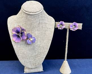 Purple Pansy Floral Set Of Clip-on Earrings & 2 Brooches