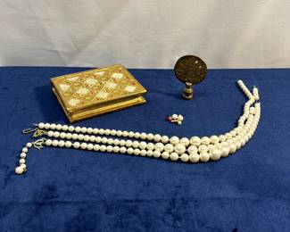 Brass Lamp Finial, Gold-Tone Box & Faux Pearl Strands