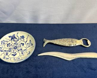 Aluminum Shrimp Deveiner, Bottle Cap Opener & White Dish