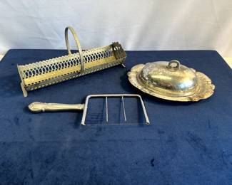 Cracker Basket, Ancestry Web Sterling Silver Handle Cheese Cutter & Roslyn Silver Corp. Spread Dish With Cover