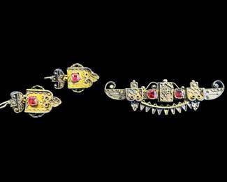14K Ruby Earrings & Pin Victorian Style Matching Set