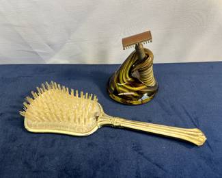 Green Glass Utensil Holder, Silver-Tone Brush & Gillette Brass No. 17567 Open Comb Safety Razor