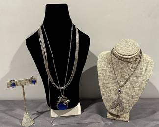 Silver-Tone Necklaces With Blue Detail & Screw-On Earrings - Costume Jewelry