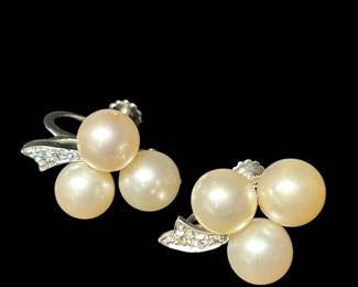 14K White Gold, Pearl Diamond Vintage Earrings