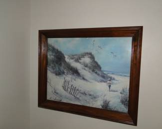 Beautiful seascape, one of a kind original. Someone thought it was a snow scape, but that would be wrong to send that little fella out in the snow with no shoes and shorts on