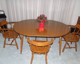 Solid wood kitchen table and chairs, perfect for the holidays, when extra company comes over. And nobody really wants to set on solid wood that long anyway, so they will leave quicker