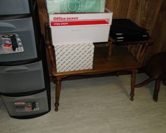 Boxes of items that have yet to have there contents known, and a very nice vintage telephone console chair/table