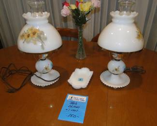 Milk glass, hand painted pair of side lamps