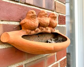 SOLD 3 little birds, pitch by my doorstep. :) Terracotta wall hanging bird feeder or planter