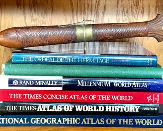 SOLD made in India, hand-carved wooden fish fork and knife carving set; 17"l