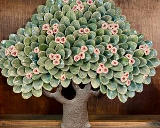 SOLD hand-painted flowering tree ceramic wall hanging; 13x11