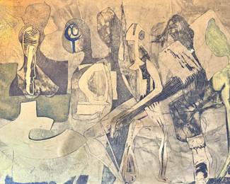 $2500; artist signed midcentury etched brass coffee table with glass top and black, block legs; 36x24x18. Close up of brass design.