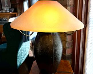 SOLD; hammered metal and frosted glass table lamp; 23"h
