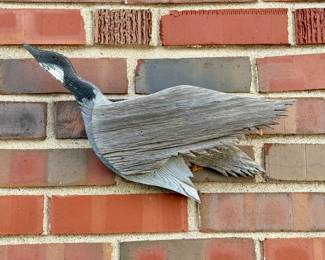 SOLD set of 5 wooden geese in flight wall plaques. Close up view of wooden goose.