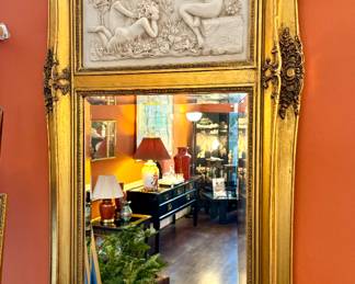 $800; gold gilded mirror with cherub motif carved into alabaster; 24x45