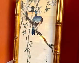SOLD framed bird print in gold frame; 6x11