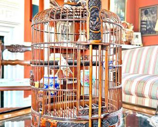 SOLD vintage bamboo bird cage with ceramic food and water jars with Chinoiserie accents, dusty but in excellent condition; 27"h