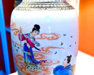 $200; vintage Chinoiserie lamp with hand-painted details; 23"h. Needs new shade.