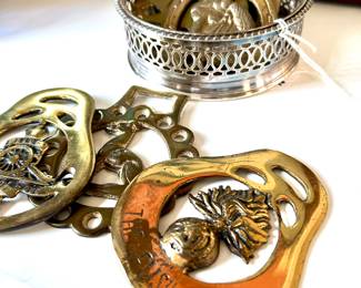 $28 each; 8 different vintage brass horse medallions. $28, silver wine coaster.