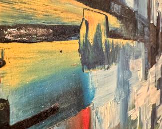 $2000; large format original abstract oil painting on board by Howard P. Doner; 66x25. Close up of color and texture detail.