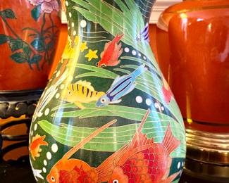 SOLD; cloisonné koi vase; 8”h