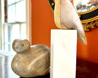 $100; artist-signed soapstone bird decoy; 5"h. $80; artist-signed earthen-ware bird sculpture; 11"h.