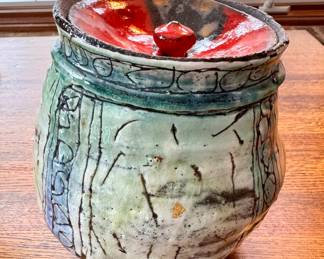 SOLD original pottery by Tadashi Mori from his “Exuberance” show in 2005. “Mizusashi No.12” tea ceremony water jar with red & black robe lid with silver leaf; 7x7x7