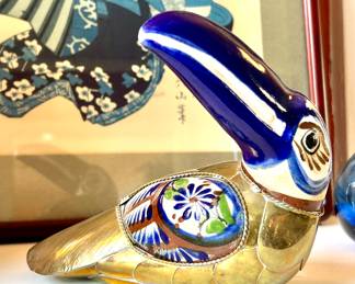 SOLD— brass and ceramic, hand-painted and sculpted toucan; 7x5