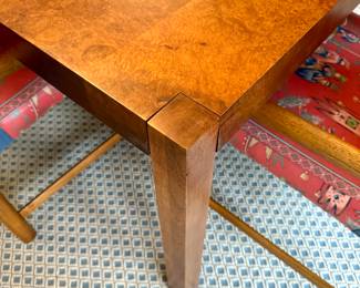 SOLD—mid-century modern, hand-stained, burl wood veneer dining table with three leaves; burl wood is in a square pattern mosaic and has wonderful grains; 64x38x28 (without leaves); each leaf is 19.5” adding up to 58.5” of length making the length 122.5”. Close up of burl wood mosaic pattern.