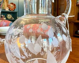 SOLD; Tiffany & Co. "Lily of the Valley" etched crystal pitcher; 7x9h