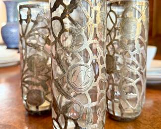 SOLD; set of five high-ball glasses with sterling trellis and floral overlay, made in Mexico