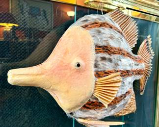 SOLD mixed-media artisan fish with feathers; 24x18 (Ann's favorite! )
