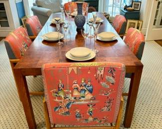 $1400; mid-century modern, hand-stained, burl wood veneered dining table with three leaves; burl wood is in a square mosaic pattern and has wonderful grains; 64x38x28 (without leaves); each leaf is 19.5” adding up to 58.5” of length making the length 122.5”.           $1200; set of 6 mid-century modern, custom-upholstered dining chairs with arms; 2 taller host chairs and 4 side chairs all with Chinoiserie upholstery; host chairs 22x23x35; side chairs 22x23x30.        $1000; 84 piece set of Rosenthal Romance china—beautiful set, with prices much higher online.