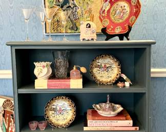 SOLD blue painted 3-shelf bookcase; 36x13x41 (coordinating nightstand and dresser also). $40; Mitterteich Bavaria plate with cherubs and gold gilding; 12”d (top right). $20; set of 4 Lenox martini glasses (top left). $18 each (2 available) plate with hunting scene and gold gilding; 9”d (middle right and left). $120; All-Clad fish poaching pan.