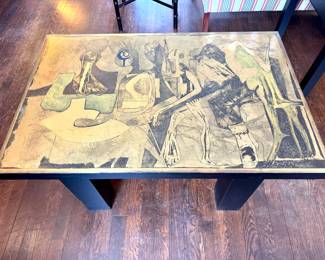 $2500; artist signed, Daz /75, midcentury etched brass coffee table with glass top, black, block legs; 36x24x18.