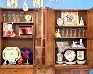 $60; Calyx Ware hand painted English tulip platter; 14x11 (bottom left). $60; vintage Royal Dalton Top O’ The Hill porcelain figurine; 8”h (bottom left center). $40; needlepoint chair cushion; 18x14 (top right center). $30; hand painted, signed wooden floral bowl (top right left). $180; vintage Royal Dalton porcelain figurine HN1752; 9”h (top right right). $60; vintage Royal Dalton “Ninette” porcelain figurine HN2379; 8”h (right center left). $50; plaid wool throw made in Ireland (right center left). SOLD—26 piece set of Port Meirion Botanical Garden china (right bottom).