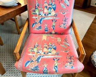 $1200; set of 6 mid-century modern, custom-upholstered dining chairs with arms; 2 taller host chairs and 4 side chairs all with Chinoiserie upholstery; host chairs 22x23x35; side chairs 22x23x30.