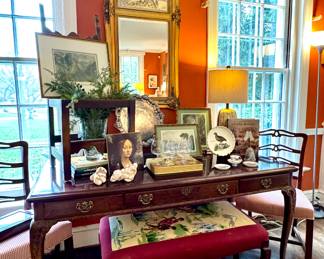 Shop the sale in person for phenomenal artwork and decor. $350; Queen Anne style writing desk with three drawers and claw feet; 61x30x31. $150; needlepoint bench; 38x20x17. $300; pair off custom upholstered, scroll back side chairs; 21x19x36