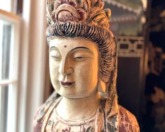 $300; replica Quanyin wooden bust; 15x8x26. Close up shot for details.