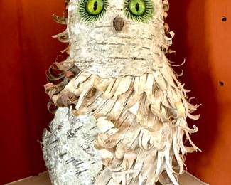 SOLD artisan-signed, owl sculpture made out of birch bark; 12"h