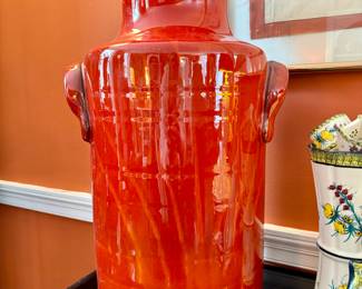 SOLD—orange glazed large ceramic vase; 19.5h.
