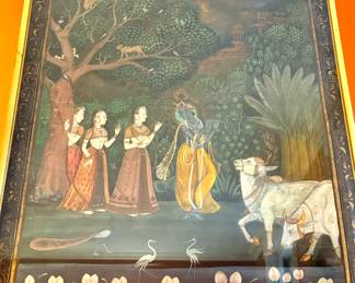 SOLD vintage hand-painted Chinoiserie tree scene on silk fabric in gold frame; 22x28