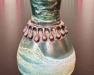 SOLD—tiny artisan designed bud vase; 3”h