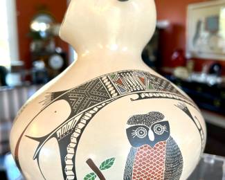 SOLD Angela Corona signed owl bowl/vase with detailed etchings and coloring; 9.5"