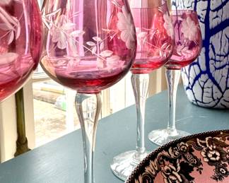 SOLD set of 4 vintage cranberry wine glasses with botanical etchings.