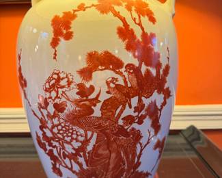 SOLD ceramic palace/ginger jar lamp with peacock accents; 20x28. Close up of peacock details.