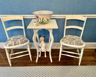 $40 each (2 available); hand-painted, shabby chic, custom-upholstered toile side chair; 17x17x34. $48; hand-painted, shabby chic side table; 18x18x30. $160; hand-painted Hellmuth Dunn ceramic botanical bowl. SOLD—artisan carved and painted wooden shelf dog; 17”h